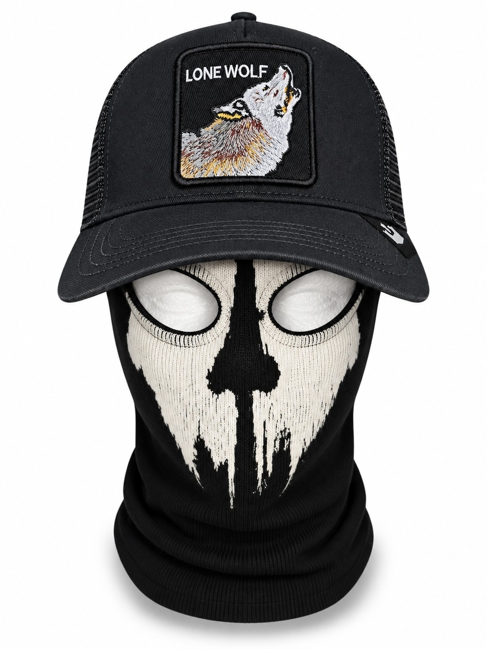 Black Trucker Cap with Embroidered Wolf Patch
